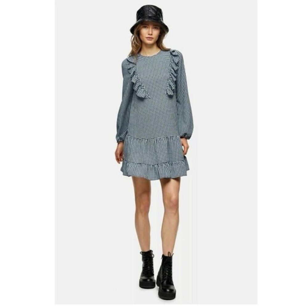 Topshop Blue Gingham Check Ruffled Long Sleeve Mini Dress Size 8 - Picture 1 of 6